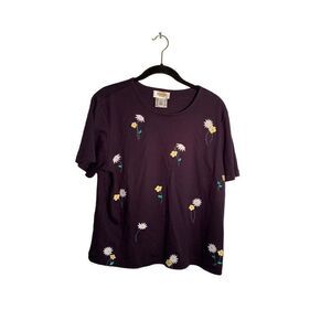 Talbots women’s navy blue floral daisy embroidered top size L ￼